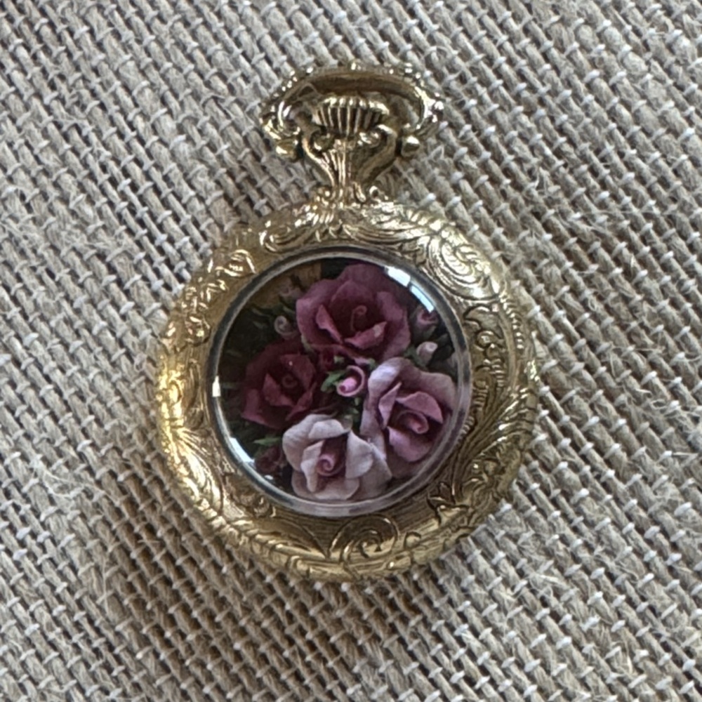 Vintage Italian Gold Tone Pocket Watch with Elegant Porcelain Rose Bouquet